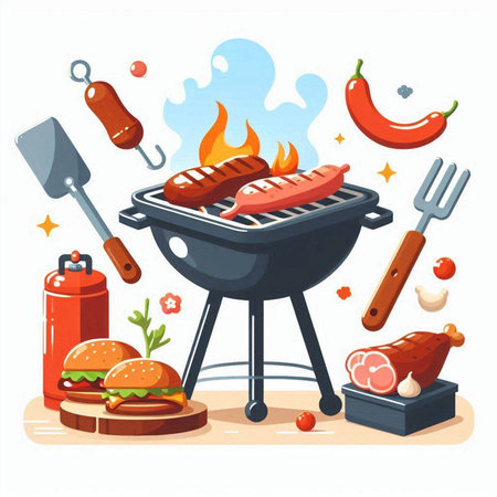 Barbecue grill with meat and vegetables. Vector illustration in cartoon styleのイラスト素材
