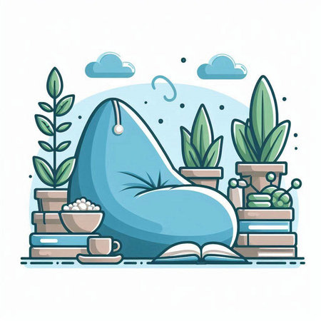 Vector illustration of a comfortable armchair in a flat style with a cup of coffee, a book and plants.のイラスト素材