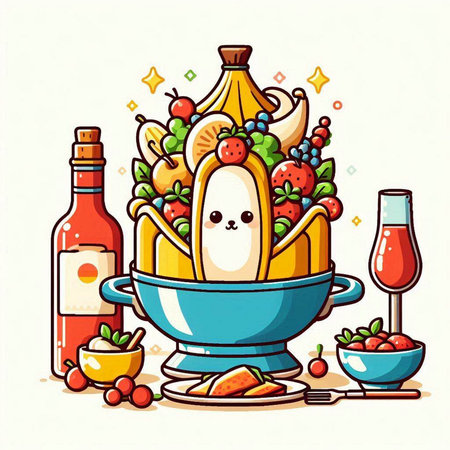 Cute vector illustration of a Thanksgiving turkey in a bowl with fruits and vegetables.のイラスト素材