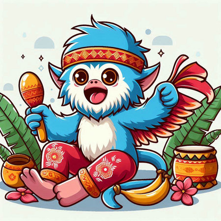 Illustration of Cute Cartoon Monkey in Indian Costume with Rattle and Maracasのイラスト素材