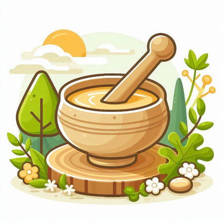 Honey in a wooden mortar and pestle. Vector illustration.のイラスト素材
