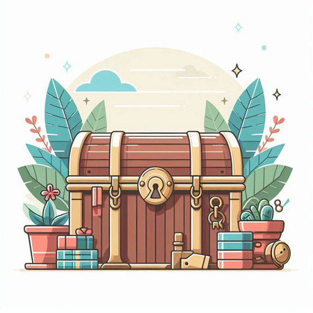 Vector illustration of a treasure chest on a background of plants and flowers.のイラスト素材