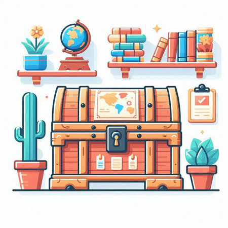 Treasure chest with books and cactuses. Vector illustration.のイラスト素材