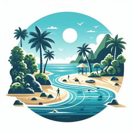 Tropical beach with palm trees and waves. Vector illustration.のイラスト素材