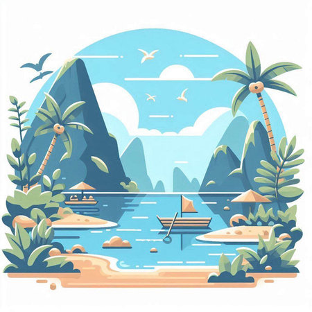 Tropical island with palm trees and boats. Vector illustration.のイラスト素材
