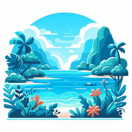 Vector illustration of a tropical island with palm trees and flowers in the water.のイラスト素材