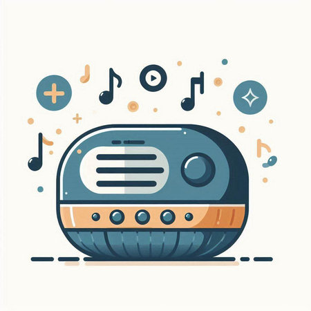 Retro radio with music notes. Vector illustration in flat style.のイラスト素材
