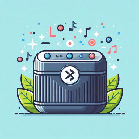 music player with music notes and green leaves, vector illustration in flat styleのイラスト素材