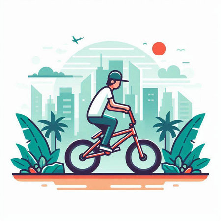 Vector illustration of a cyclist riding a bicycle on the background of a city.のイラスト素材