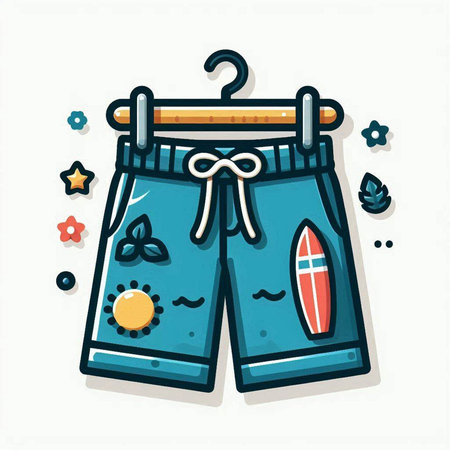 Vector illustration of swimming trunks and surfboard on white background.のイラスト素材