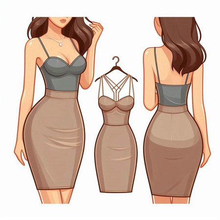 Fashion woman set. Vector illustration of a beautiful young woman wearing evening dress.のイラスト素材