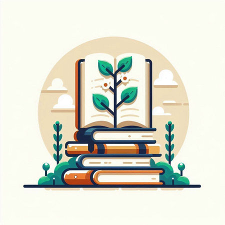 Vector illustration of a stack of books with a plant growing out of it.のイラスト素材