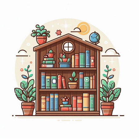Bookshelf with books and potted plants. Vector illustration.のイラスト素材