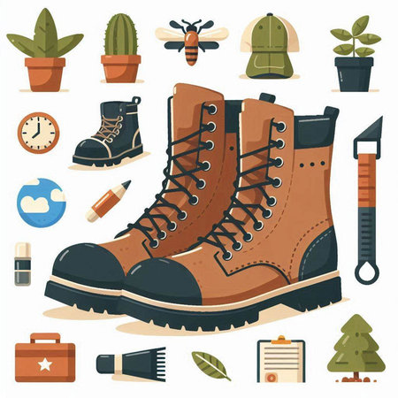 Pair of hiking boots and accessories. Flat style vector illustration.のイラスト素材