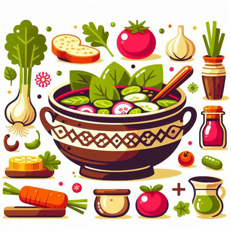 Vegetable soup in clay pot. Vector illustration in flat styleのイラスト素材