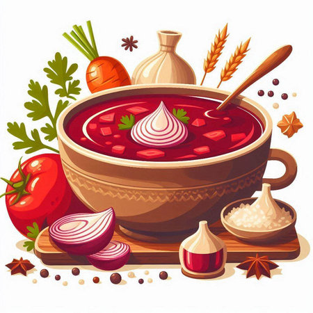 Vector illustration of bowl of red borscht with ingredients for cooking.のイラスト素材