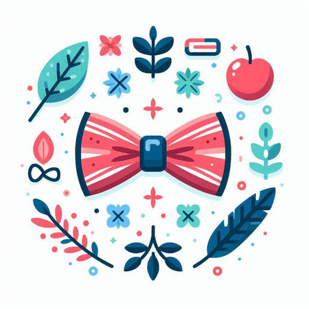Vector illustration of a bow tie in a circle of leaves, berries and flowers.のイラスト素材