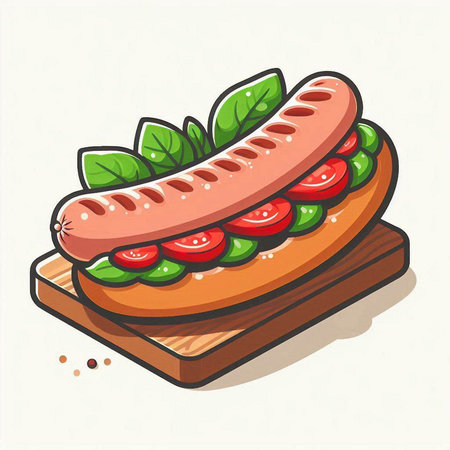 Delicious hot dog with sausage, tomato and cucumber. Vector illustration.のイラスト素材
