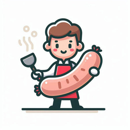 Cartoon chef with sausage on a white background. Vector illustration.のイラスト素材
