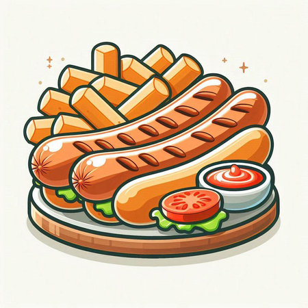 Vector illustration of grilled sausages, french fries and tomato.のイラスト素材