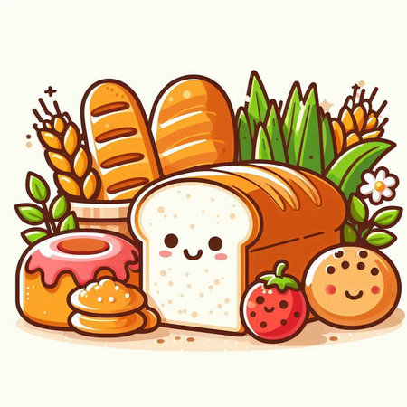 Illustration of a cute cartoon bread character with different bakery products.のイラスト素材