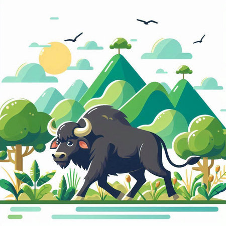 Vector illustration of buffalo in the forest. Wild animal in nature.のイラスト素材