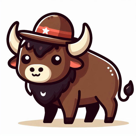 Illustration of a Cute Buffalo Wearing a Cowboy Hat and Costumeのイラスト素材