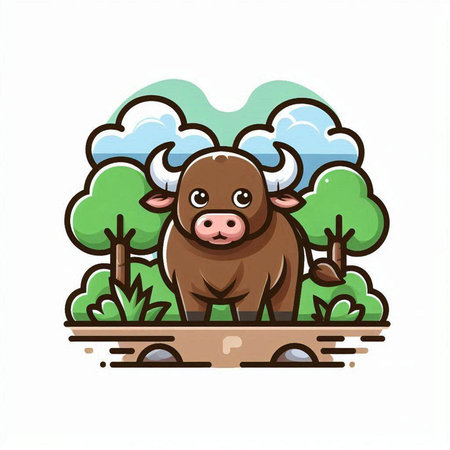 Cute cartoon buffalo in the field. Vector illustration isolated on white background.のイラスト素材