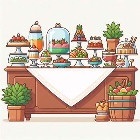 Fruits and vegetables on a buffet table. Vector illustration in cartoon style.のイラスト素材