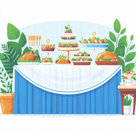 Dessert table with fruits and vegetables. Vector illustration in cartoon styleのイラスト素材