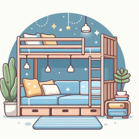 Vector illustration of a cozy bedroom with a bunk bed and a cactusのイラスト素材