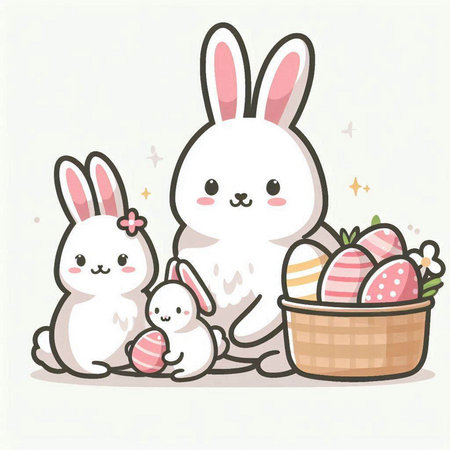 Easter bunnies with basket of eggs. Vector illustration.のイラスト素材
