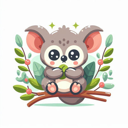 Cute koala sitting on a branch with leaves and berries. Vector illustrationのイラスト素材