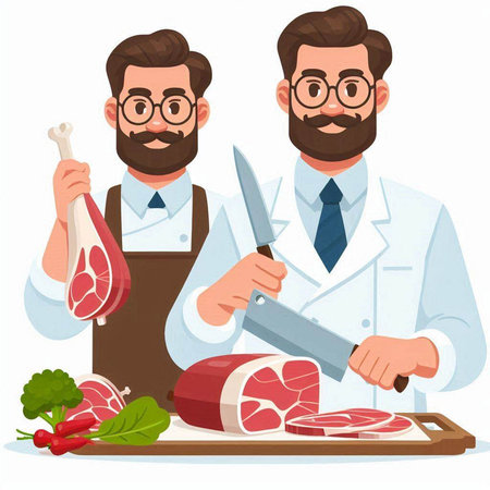Butcher and butcher. Vector illustration in cartoon style on white background.のイラスト素材