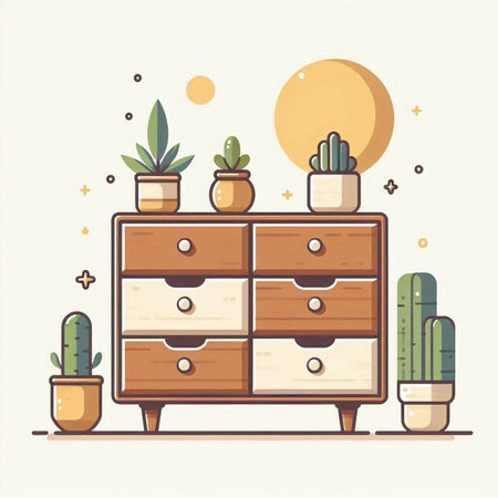 Vector illustration of a wooden chest of drawers with cacti.のイラスト素材