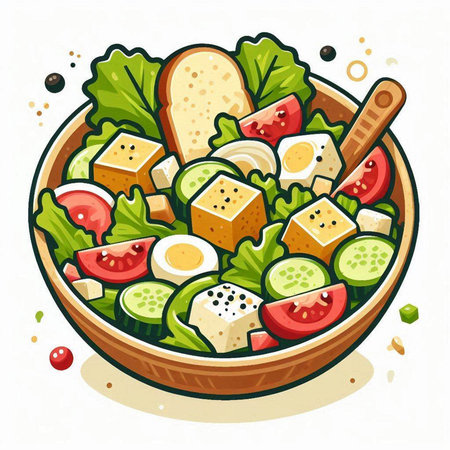Salad with cheese, tomatoes and cucumbers in a bowl. Vector illustration.のイラスト素材
