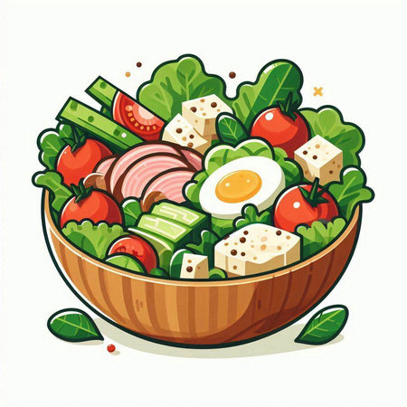 Salad in a wooden bowl on a white background. Vector illustration.のイラスト素材