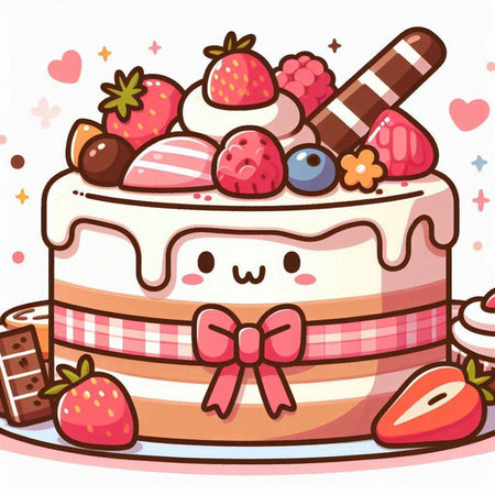 Illustration of a Cute Cake with Berries and Sweetsのイラスト素材