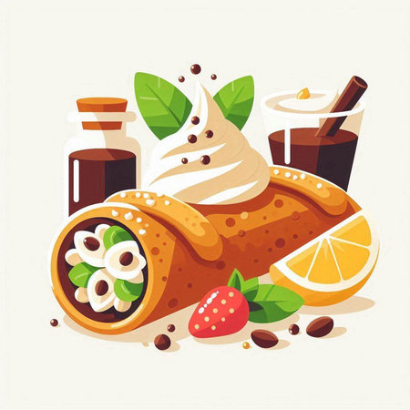 Crepes with ice cream, chocolate and mint. Vector illustration.のイラスト素材