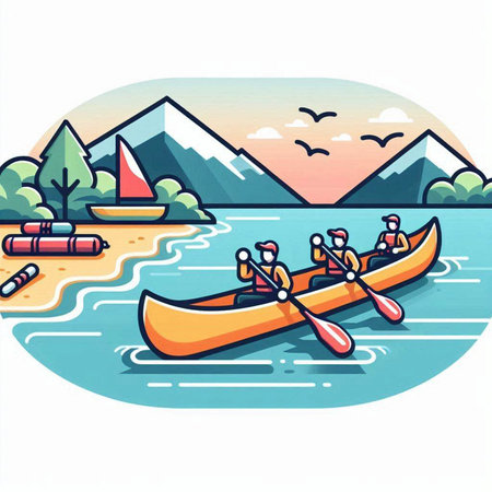 Kayak on the river. Vector illustration in a flat style.のイラスト素材