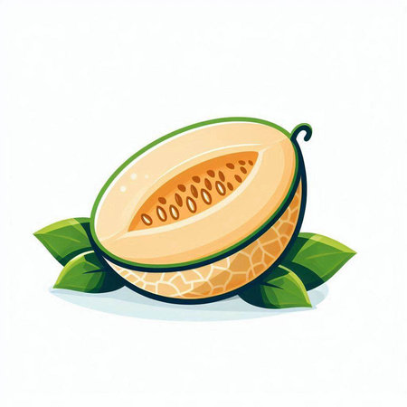 Cantaloupe melon with green leaves. Vector illustration.のイラスト素材