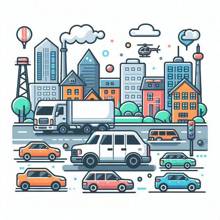 Cityscape with cars, buildings and roads. Vector illustration in line styleのイラスト素材