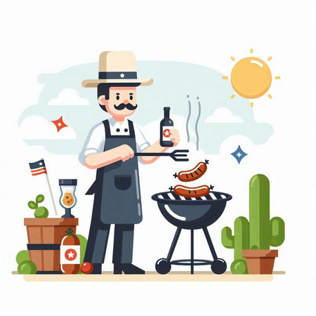 Barbeque party flat color vector faceless character. Man in hat and apron cooking sausages on barbecue grill. Smiling man in hat and apron holding a bottle of wine isolated cartoon illustrationのイラスト素材