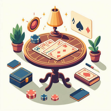 Casino table with playing cards and chips. Isometric vector illustration.のイラスト素材