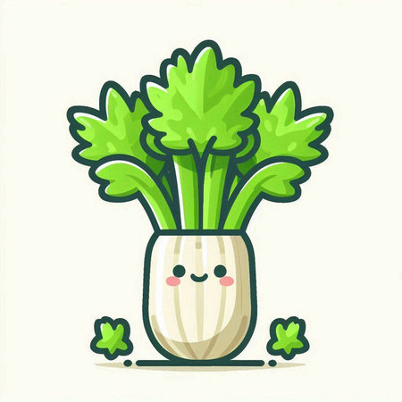 Cute celery cartoon character vector illustration. Cute celery mascot.のイラスト素材