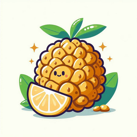 Cute cartoon pineapple fruit character with orange slice and leaves. Vector illustration.のイラスト素材