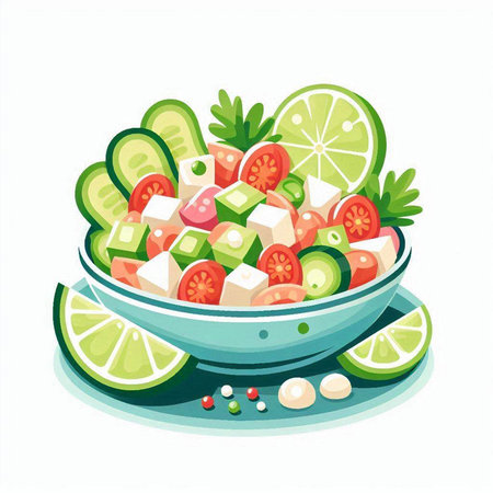 Salad with tomatoes, cucumbers, feta cheese and herbs in a bowl. Vector illustration.のイラスト素材