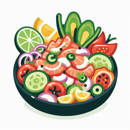 Salmon salad in a bowl on a white background. Vector illustration.のイラスト素材