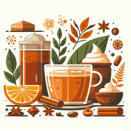 Cup of tea with cinnamon, anise, orange, coffee beans and sweets. Vector illustration.のイラスト素材