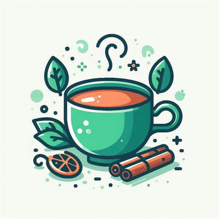 Cup of tea with cinnamon, orange and leaves. Vector illustration.のイラスト素材